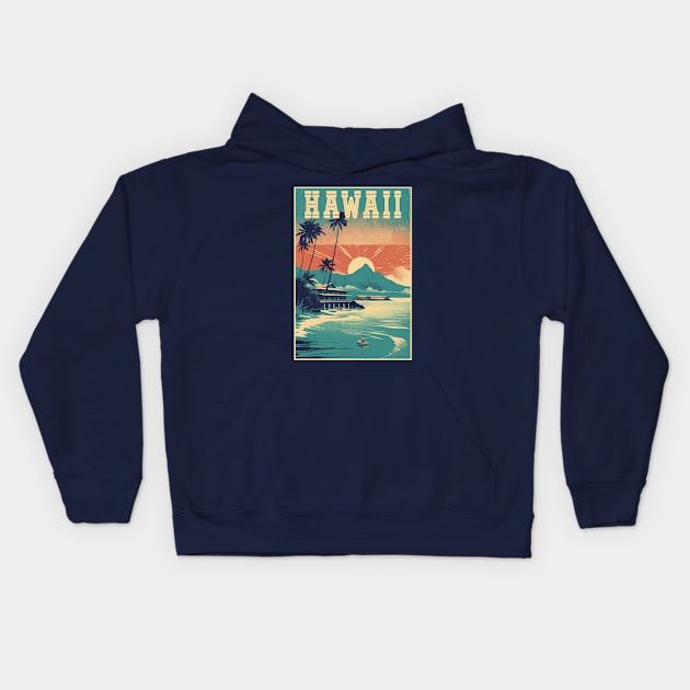 Hawaii Vintage Retro Travel Poster Kids Hoodie by GreenMary Design